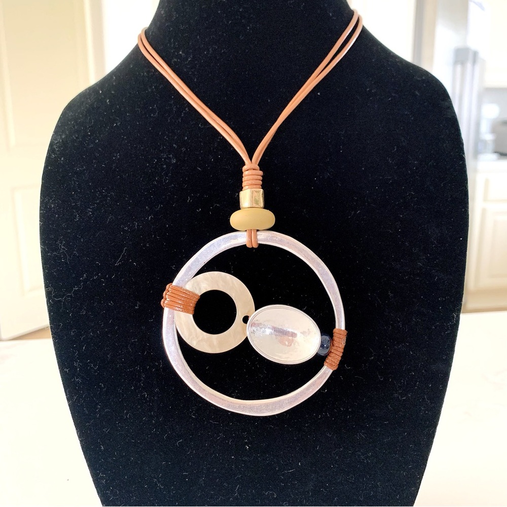 Handmade Geometric Silver Circle With Genuine Cord Pendant